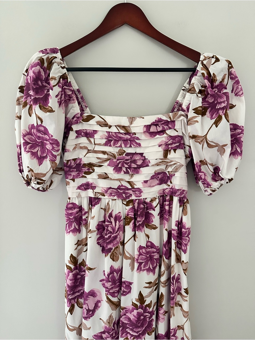Abercrombie Emerson Floral Puff-Sleeve Square Neck Midi Dress - Purple/White